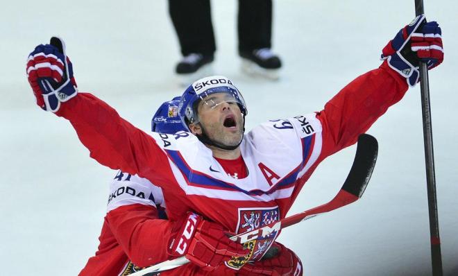 Jaromir Jagr celebrates after scoring a goal against Finland at the O2 Arena during the 2015 IIHF World Championship Quarter-Final in Prague on April 14th, 2015. (AFP Photo/Jonathan Nackstrand)
